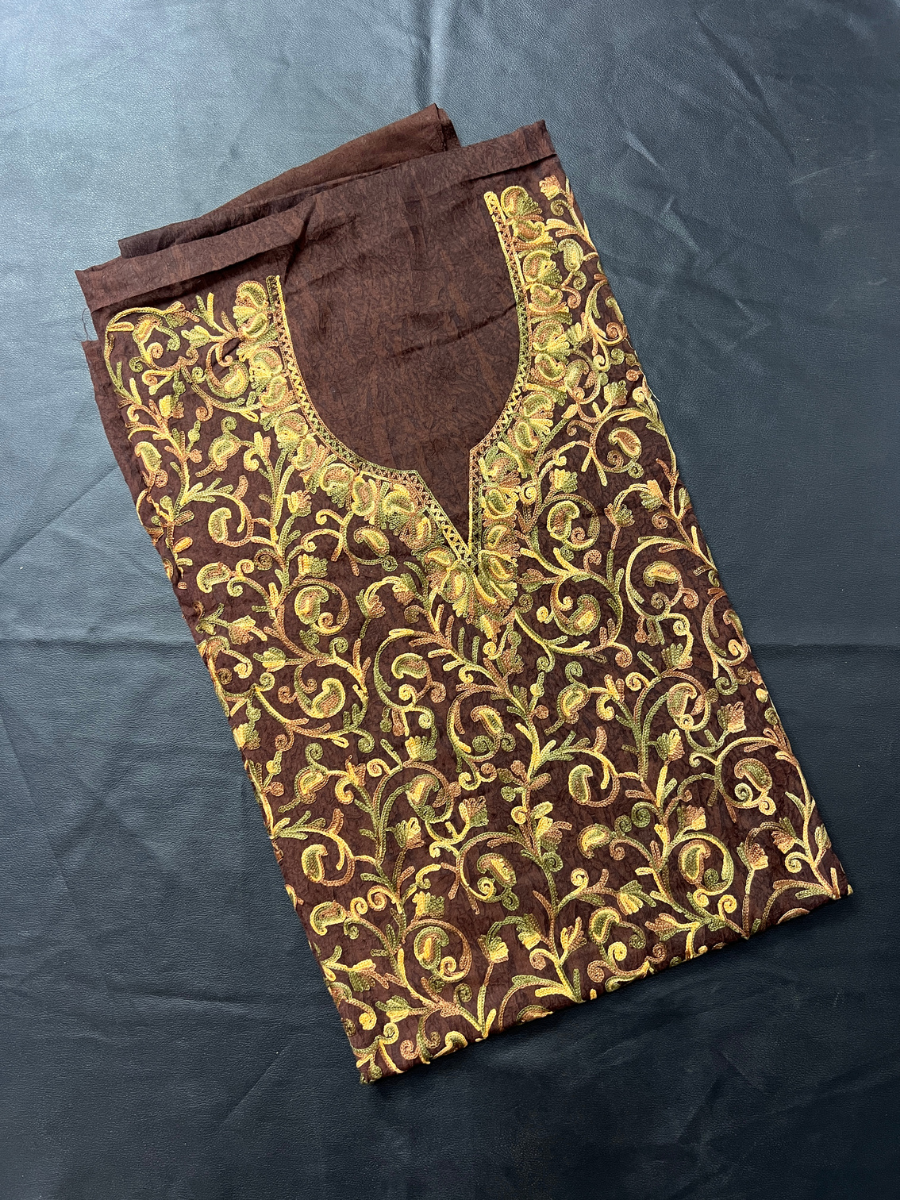 Kashmiri Botti Aari 2 Piece Unstitched Suit  | Grayish Brown