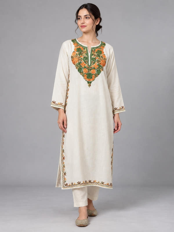 White Kashmiri Pheran with Leaf Green & Orange Floral Embroidery – KAARKASH