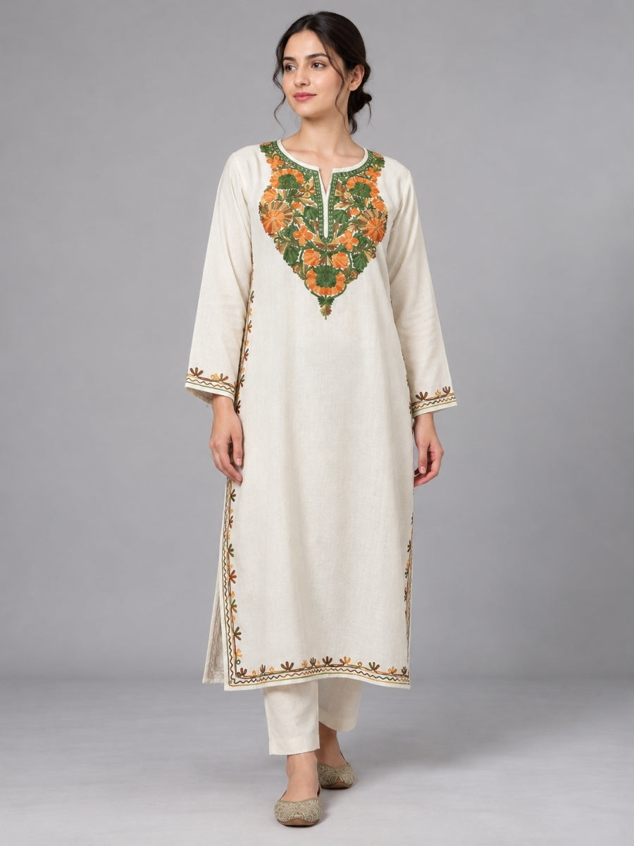White Kashmiri Pheran with Floral Embroidery | Aari Embroidered Wool Phiran