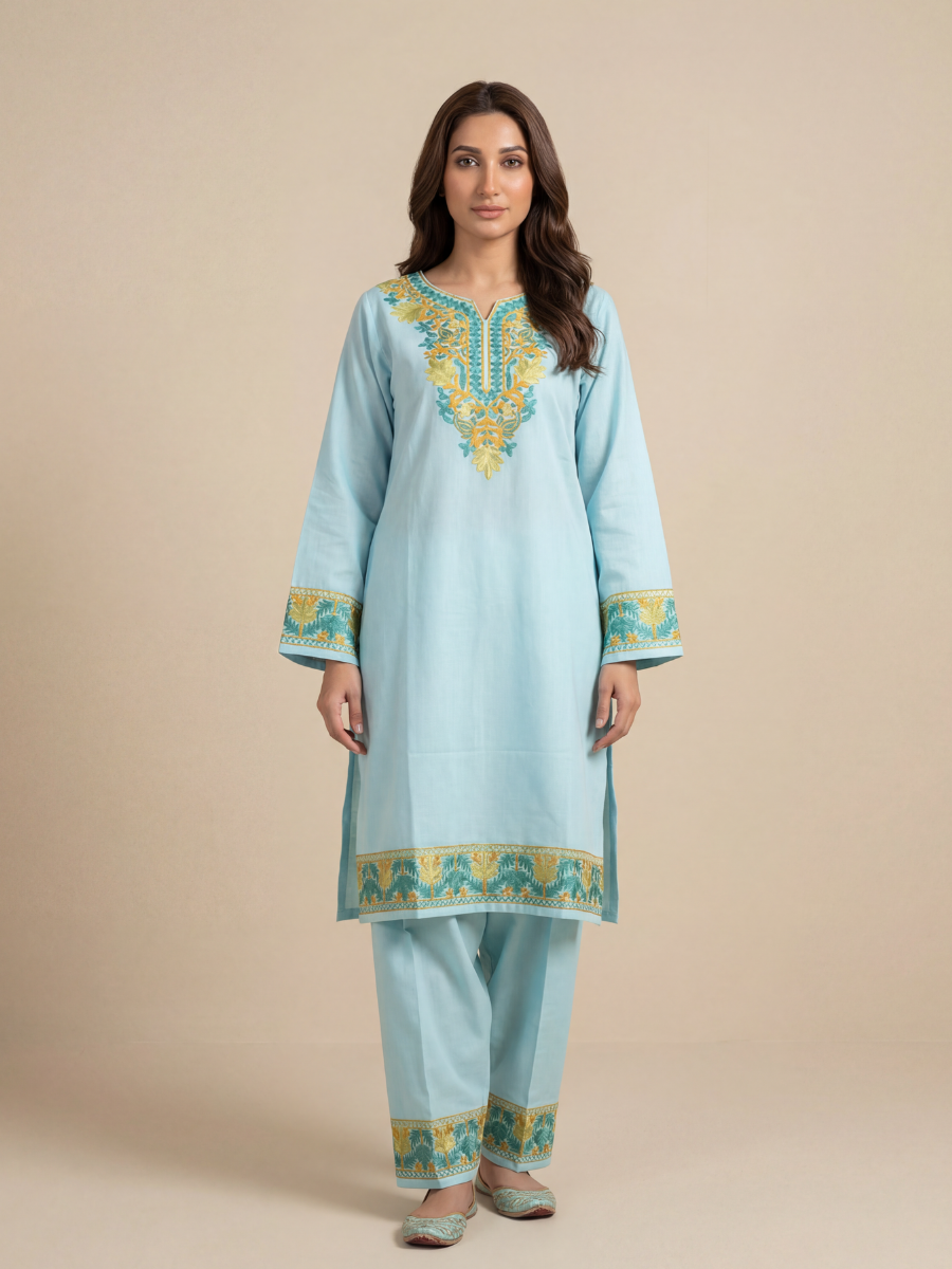 Noor : Kashmiri Aari embroidery summer Co-Ord Set | Aqua