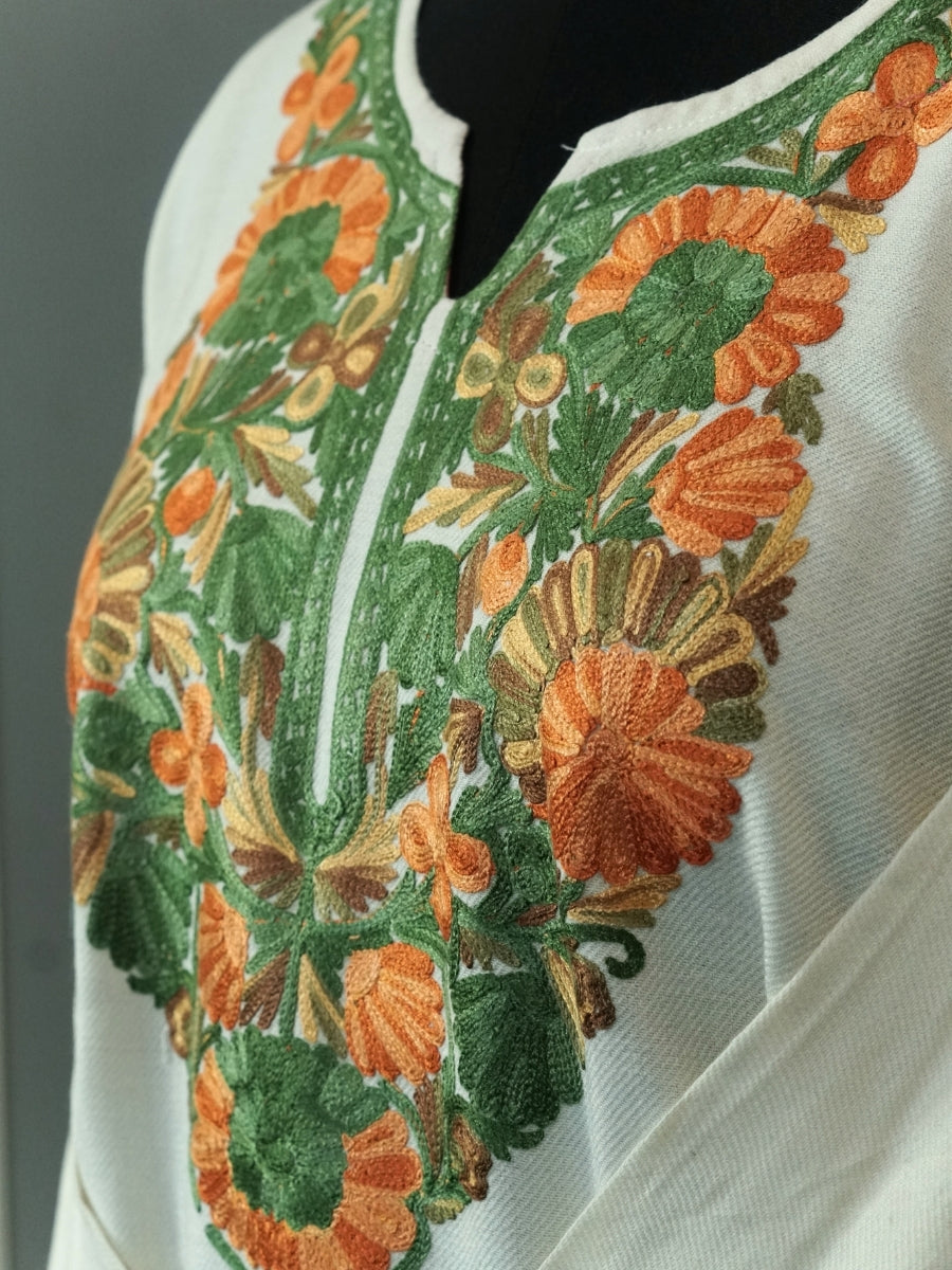 White Kashmiri Pheran with Floral Embroidery | Aari Embroidered Wool Phiran