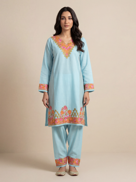 Noor : Aari embroidery summer Co-Ord Set | Aqua