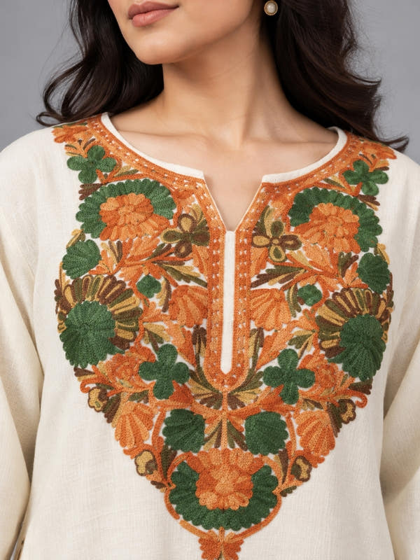 White Kashmiri Pheran with Floral Embroidery | Aari Embroidered Wool Phiran