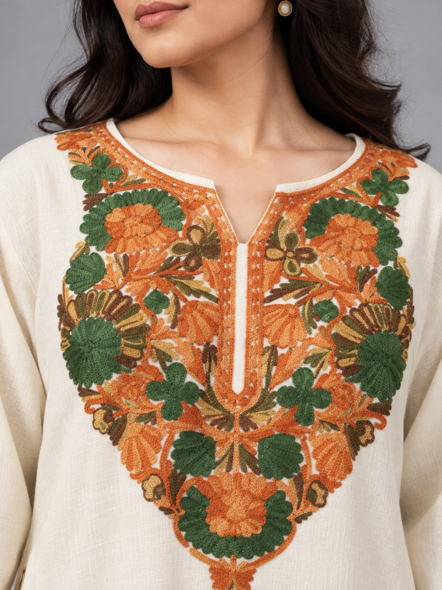 White Kashmiri Pheran with Floral Embroidery | Aari Embroidered Wool Phiran