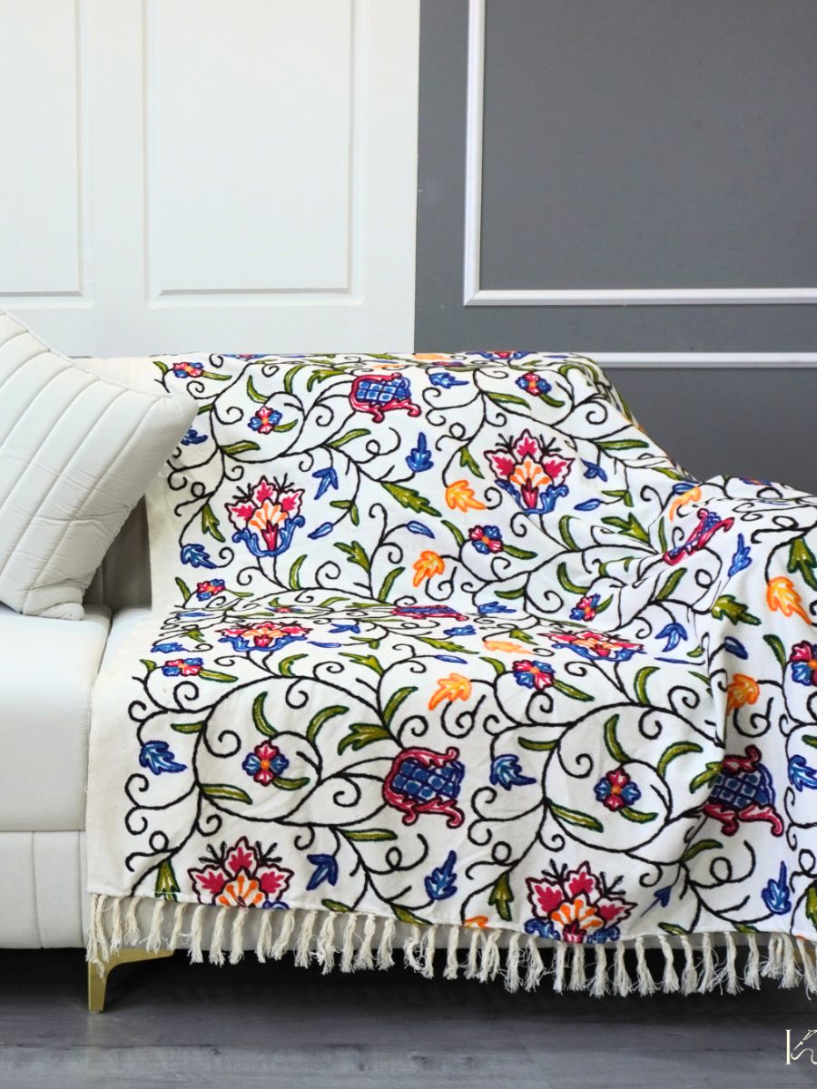 Gulistan Hand-Embroidered Krewel Sofa Throw Bedcover - KaarKash