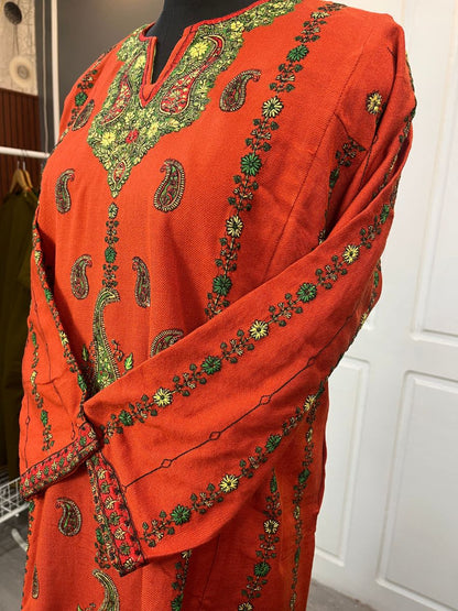 Kashmiri Sozni Embroidered Phiran | Orange