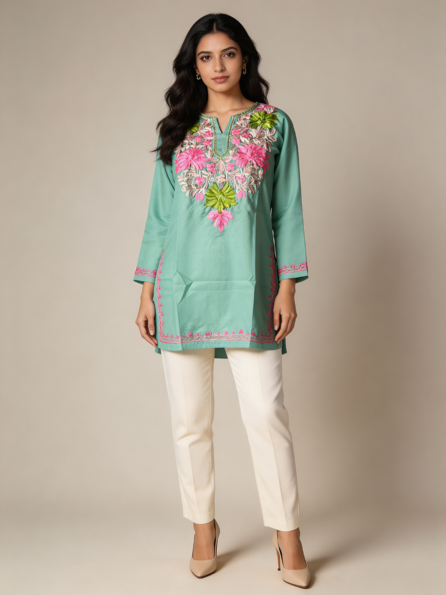Noor : Aari embroidery summer kurti | Ocean Teal