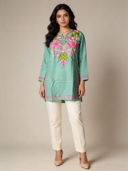 Noor : Aari embroidery summer kurti | Ocean Teal