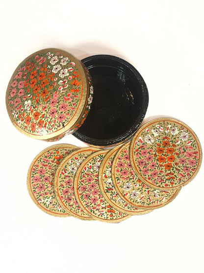 Multi Hued Florets Handmade Paper Mache Coaster Box - KaarKash