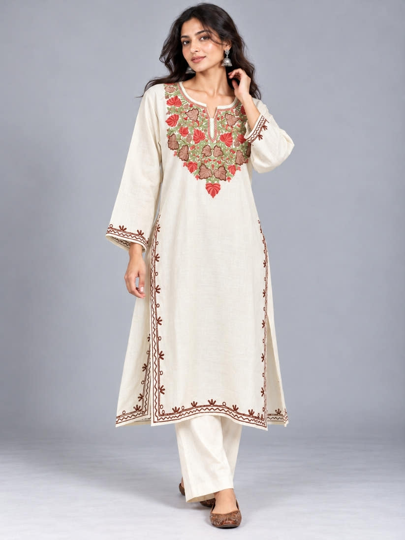 White Kashmiri Pheran with  Floral Embroidery | Aari Embroidered Wool Phiran