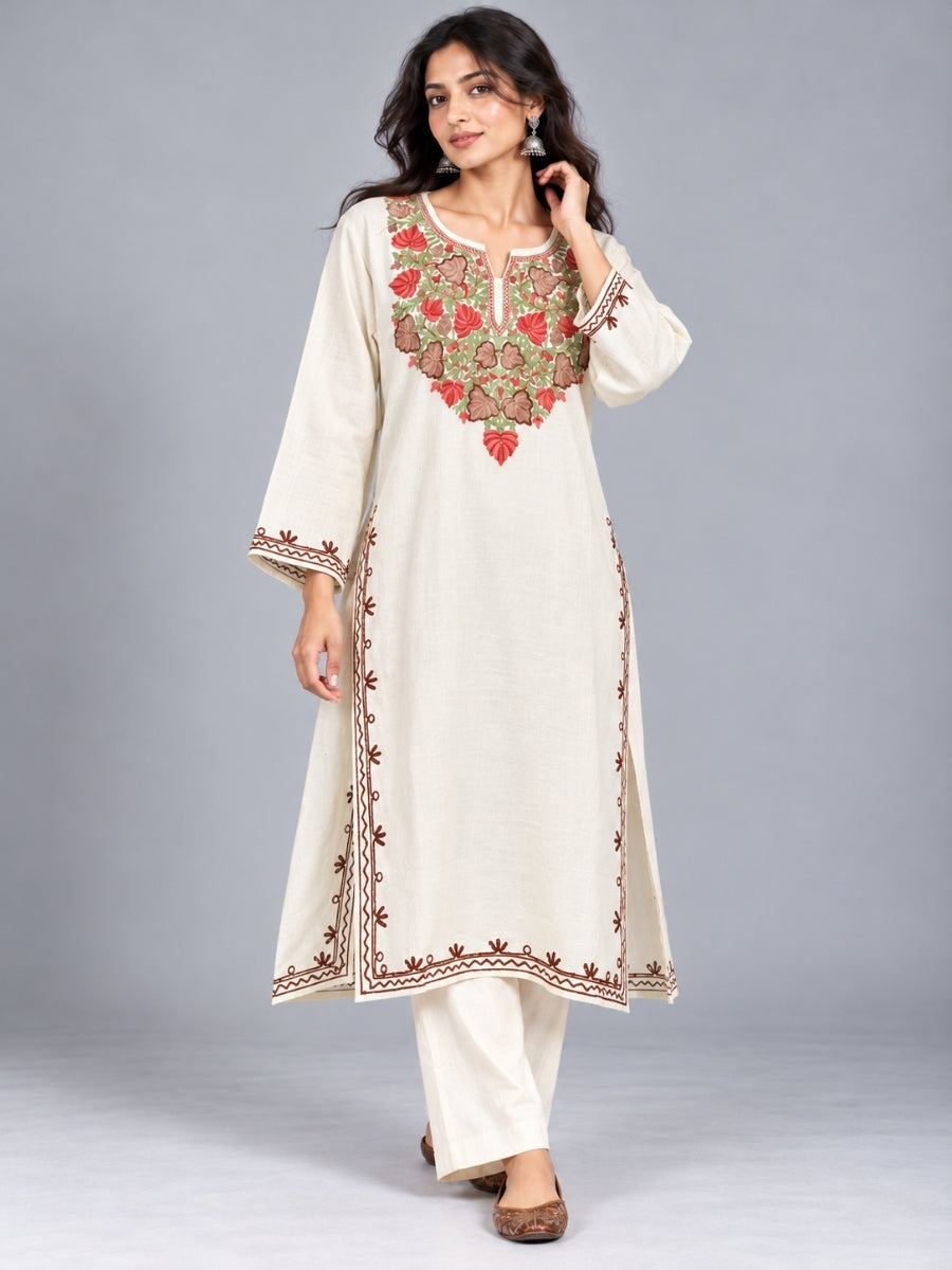 White Kashmiri Pheran with  Floral Embroidery | Aari Embroidered Wool Phiran