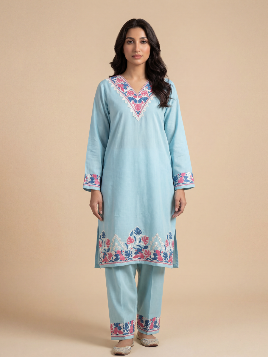 Noor : Kashmiri Aari embroidery summer Co-Ord Set | Aqua