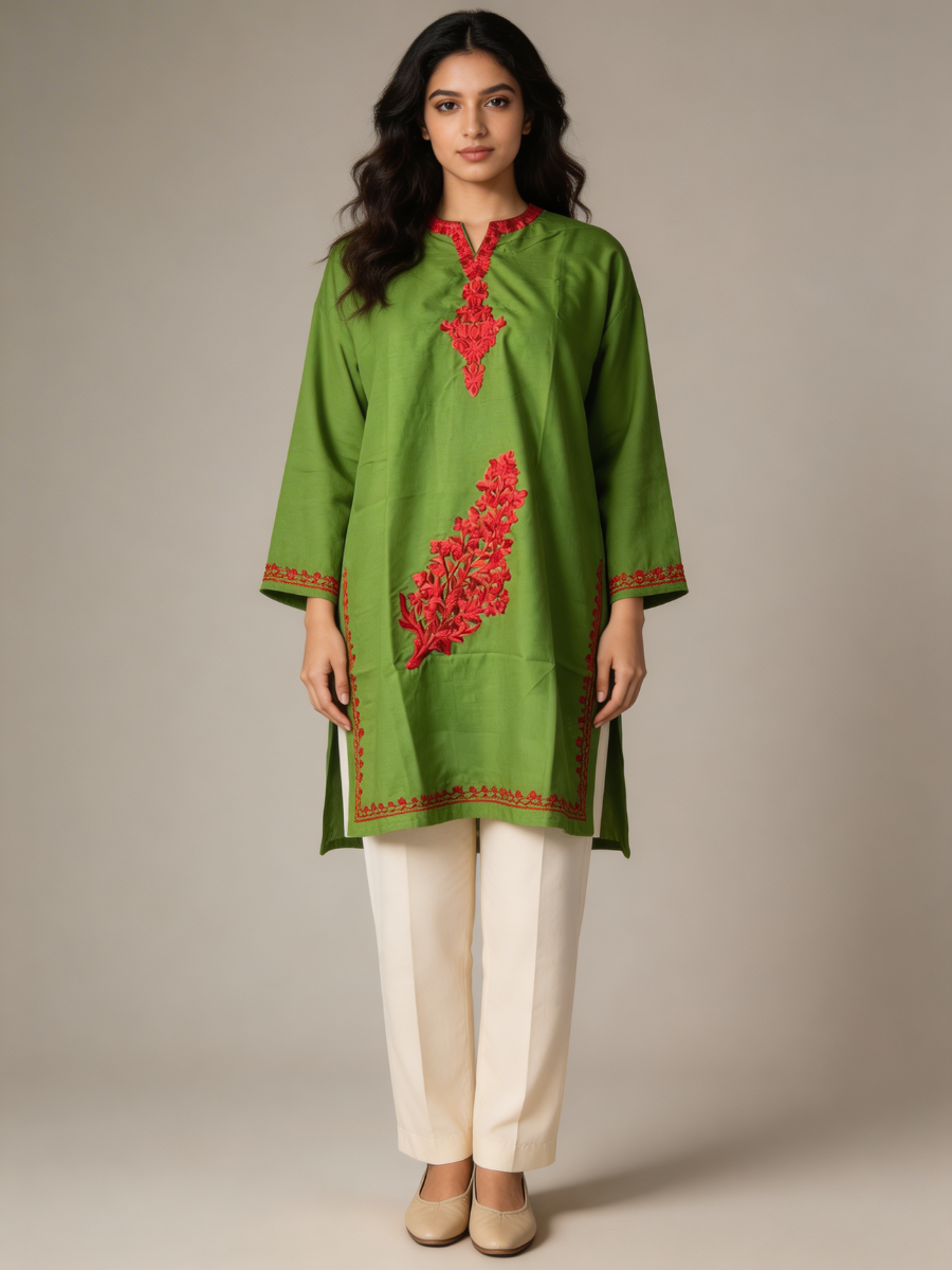 Noor : Aari embroidery summer kurti | Bottle Green