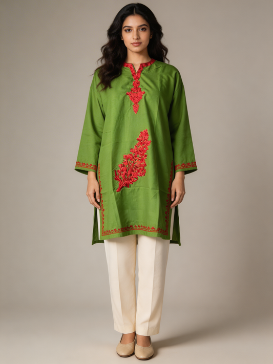Noor : Aari embroidery summer kurti | Bottle Green