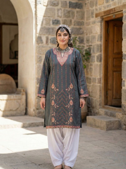 Kashmiri Sozni Embroidered Short Phiran Kurti