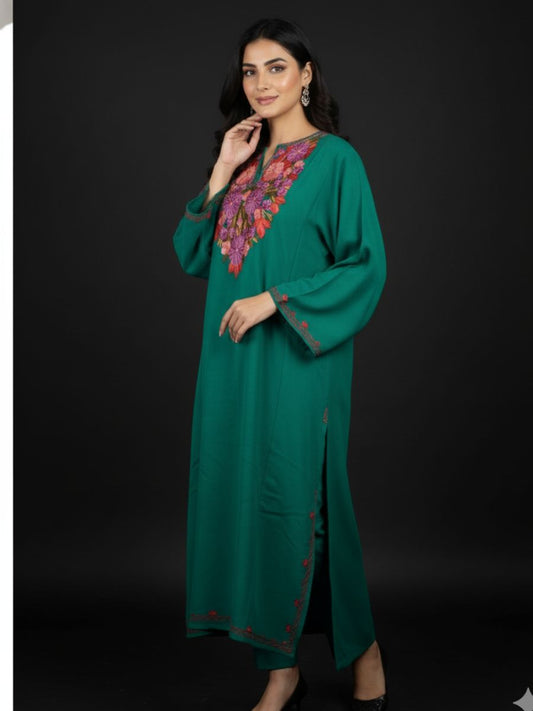 Kashmiri Aari Embroidered Phiran – Pink,purple and Brown| Turquoise