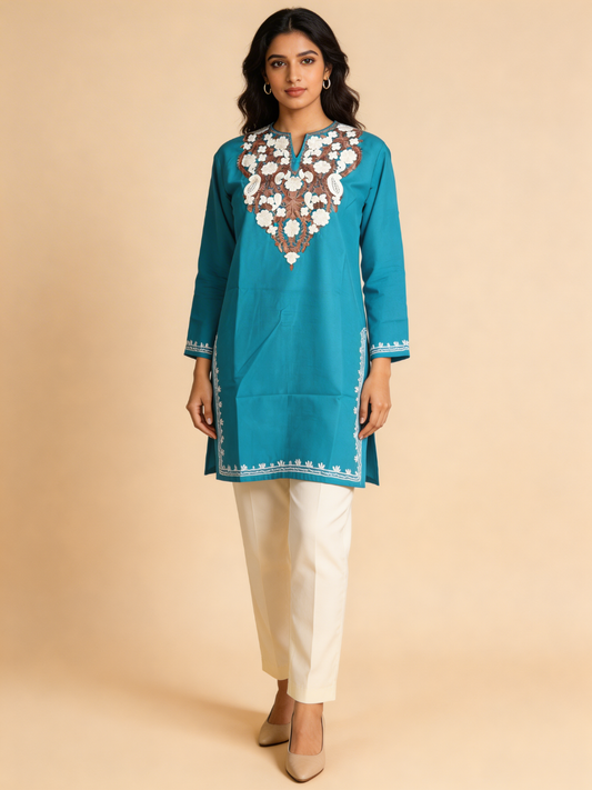 Noor : Aari embroidery summer kurti | Ocean Teal
