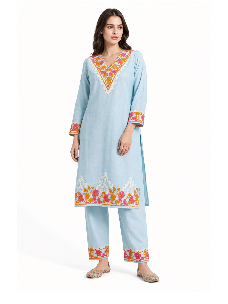 Noor : Kashmiri Aari embroidery summer Co-Ord Set | Aqua