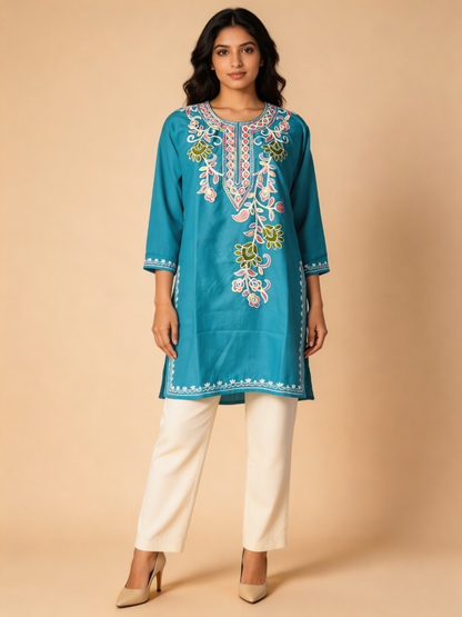 Noor : Aari embroidery summer kurti | Ocean Teal
