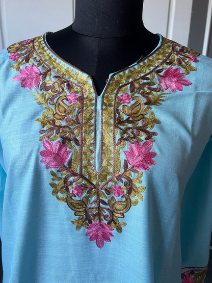 Kashmir Aari cotton Co-Ord Set | Light Turquoise