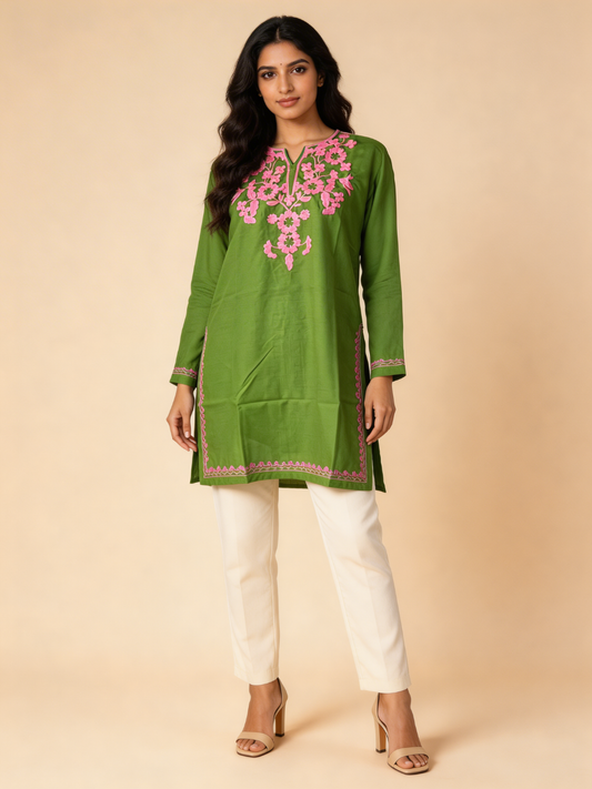 Noor : Aari embroidery summer kurti | Emerald Green