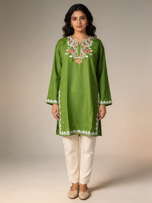 Noor : Aari embroidery summer kurti | Emerald Green