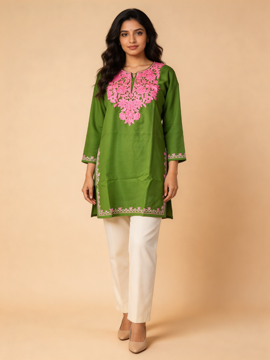 Noor : Aari embroidery summer kurti | Emerald Green