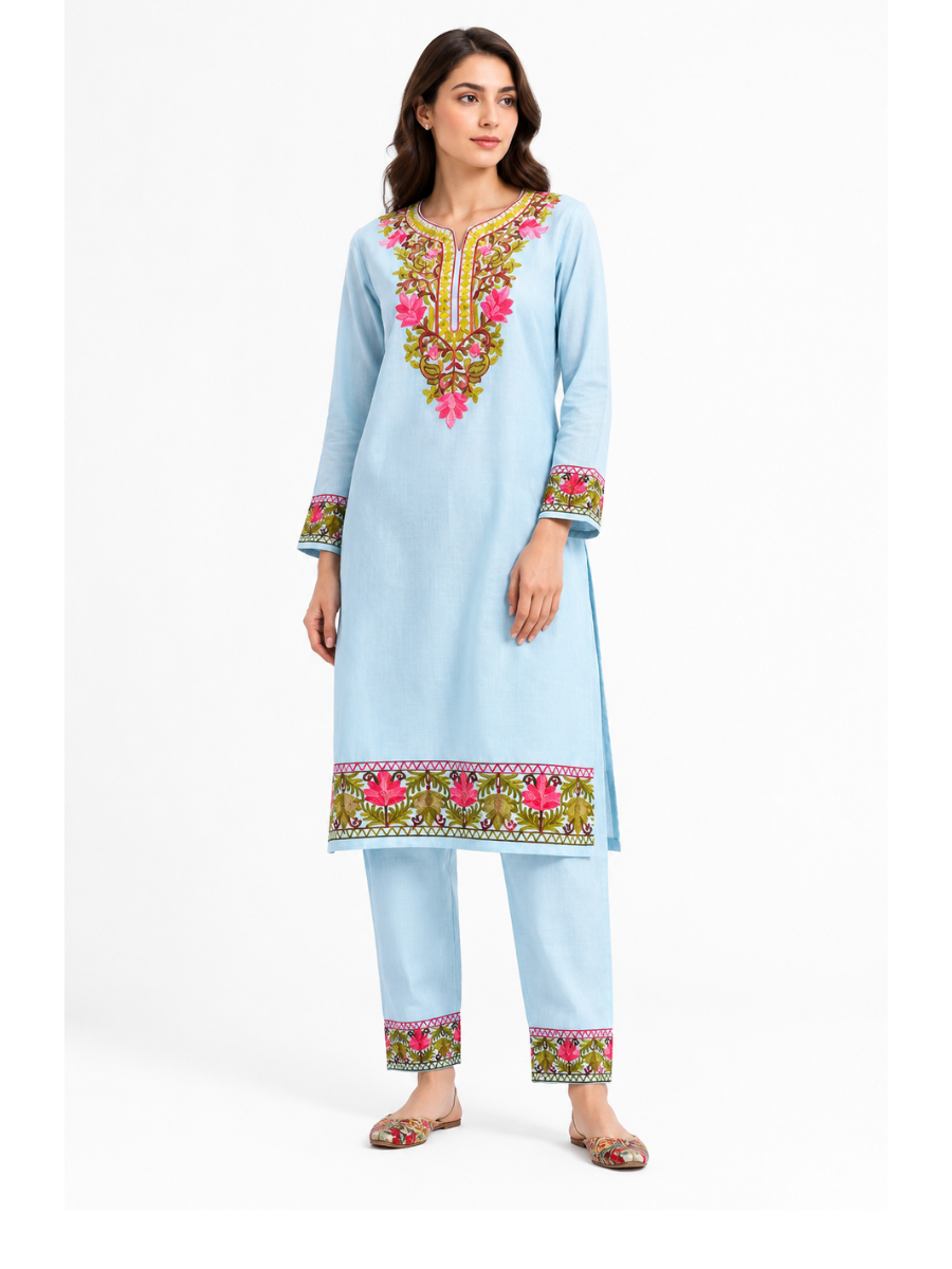 Noor : Kashmiri Aari embroidery summer Co-Ord Set | Aqua
