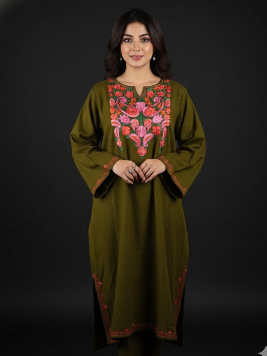 Kashmiri Aari Embroidered Phiran – Pink & Orange | Mehndi