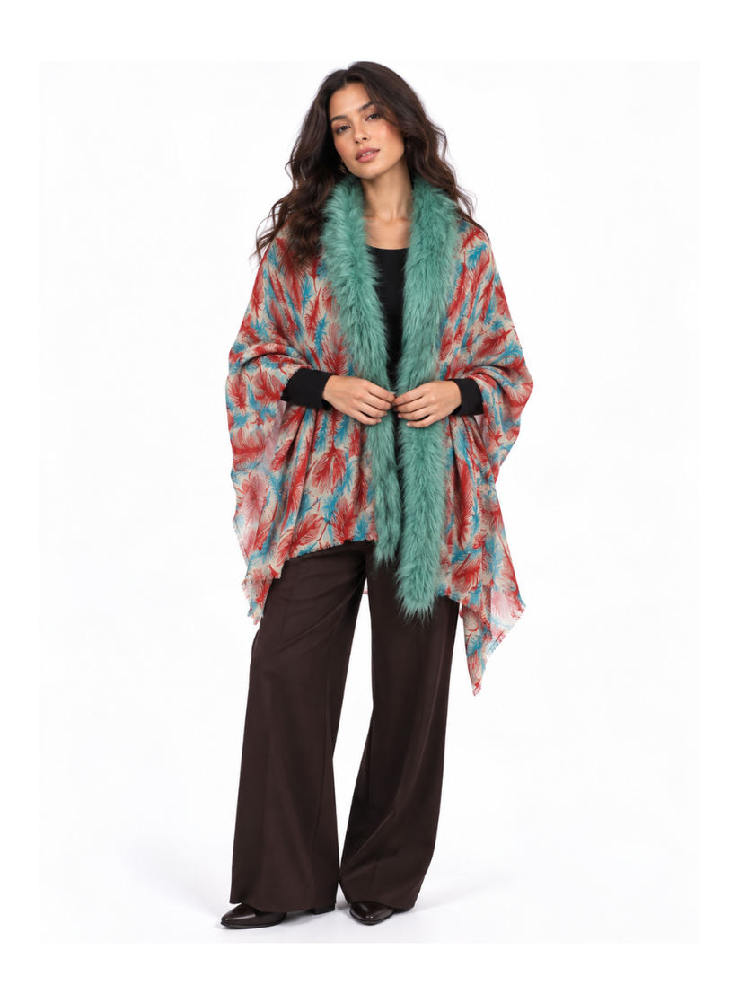 Coral & Aqua Feather Print Shawl with Faux-Fur Trim
