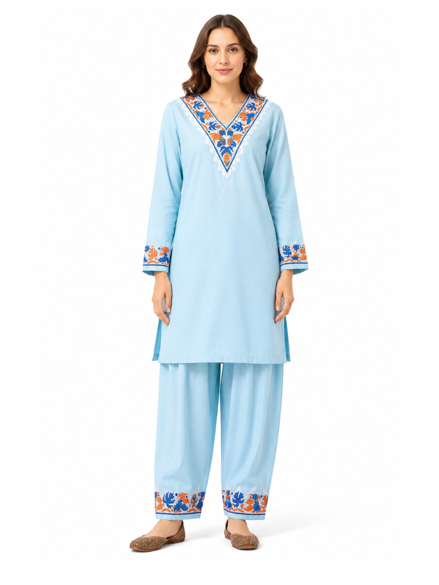 Noor : Kashmiri Aari embroidery summer Co-Ord Set | Aqua