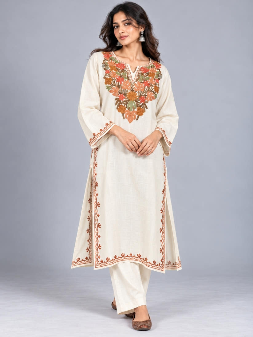 White Kashmiri Pheran with Mustard & Gold Floral Embroidery | Manual Aari Embroidered Wool Phiran