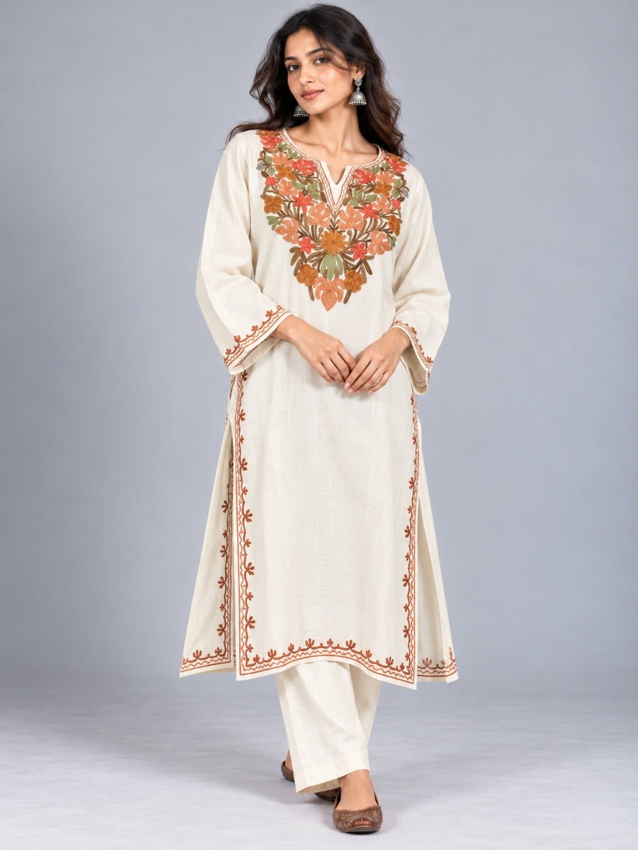 White Kashmiri Pheran with Mustard & Gold Floral Embroidery | Manual Aari Embroidered Wool Phiran