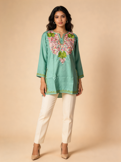 Noor : Aari embroidery summer kurti | Ocean Teal