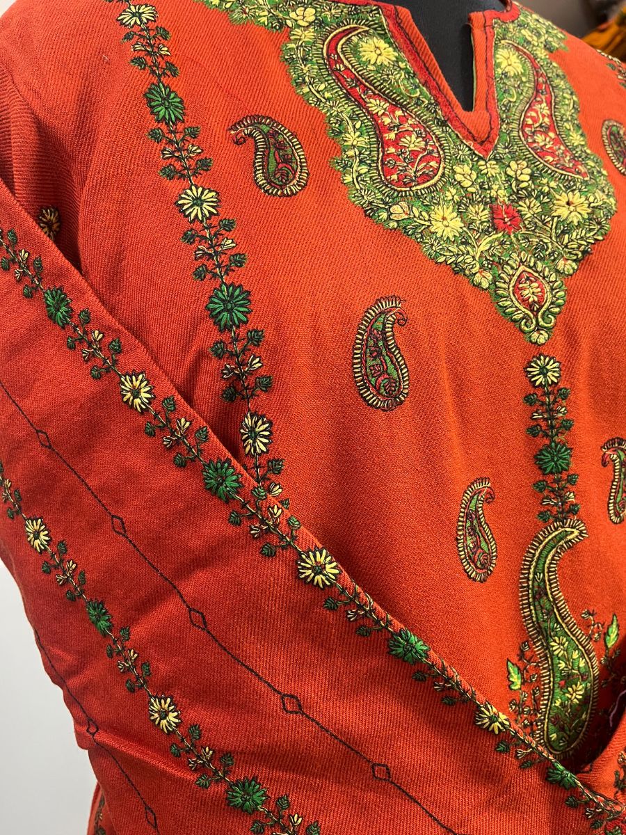 Kashmiri Sozni Embroidered Phiran | Orange