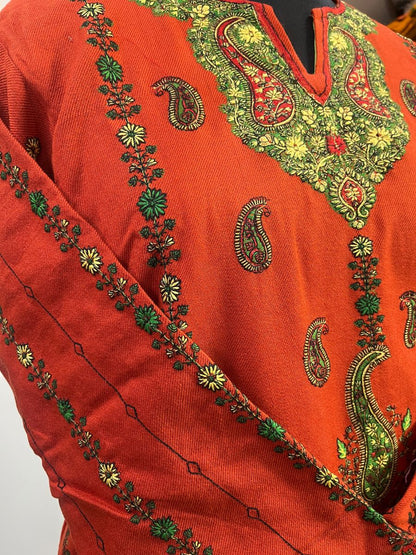 Kashmiri Sozni Embroidered Phiran | Orange