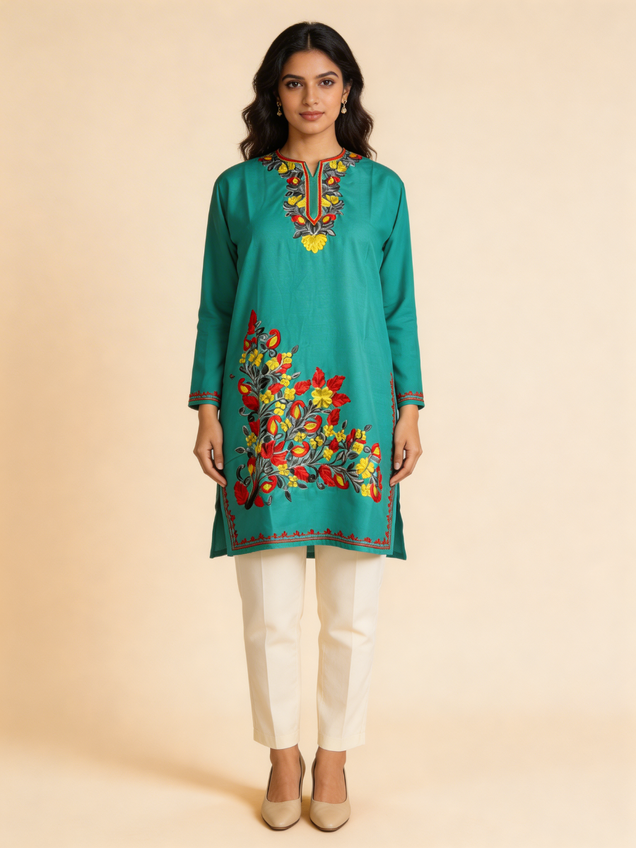 Noor : Aari embroidery summer kurti | Dark Teal