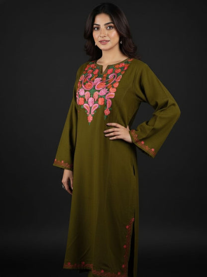 Kashmiri Aari Embroidered Phiran – Pink & Orange | Mehndi