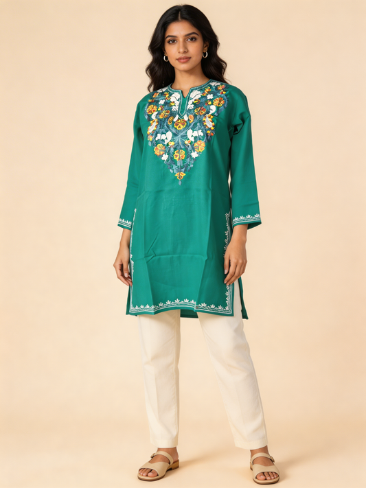 Noor : Aari embroidery summer kurti | Dark Teal
