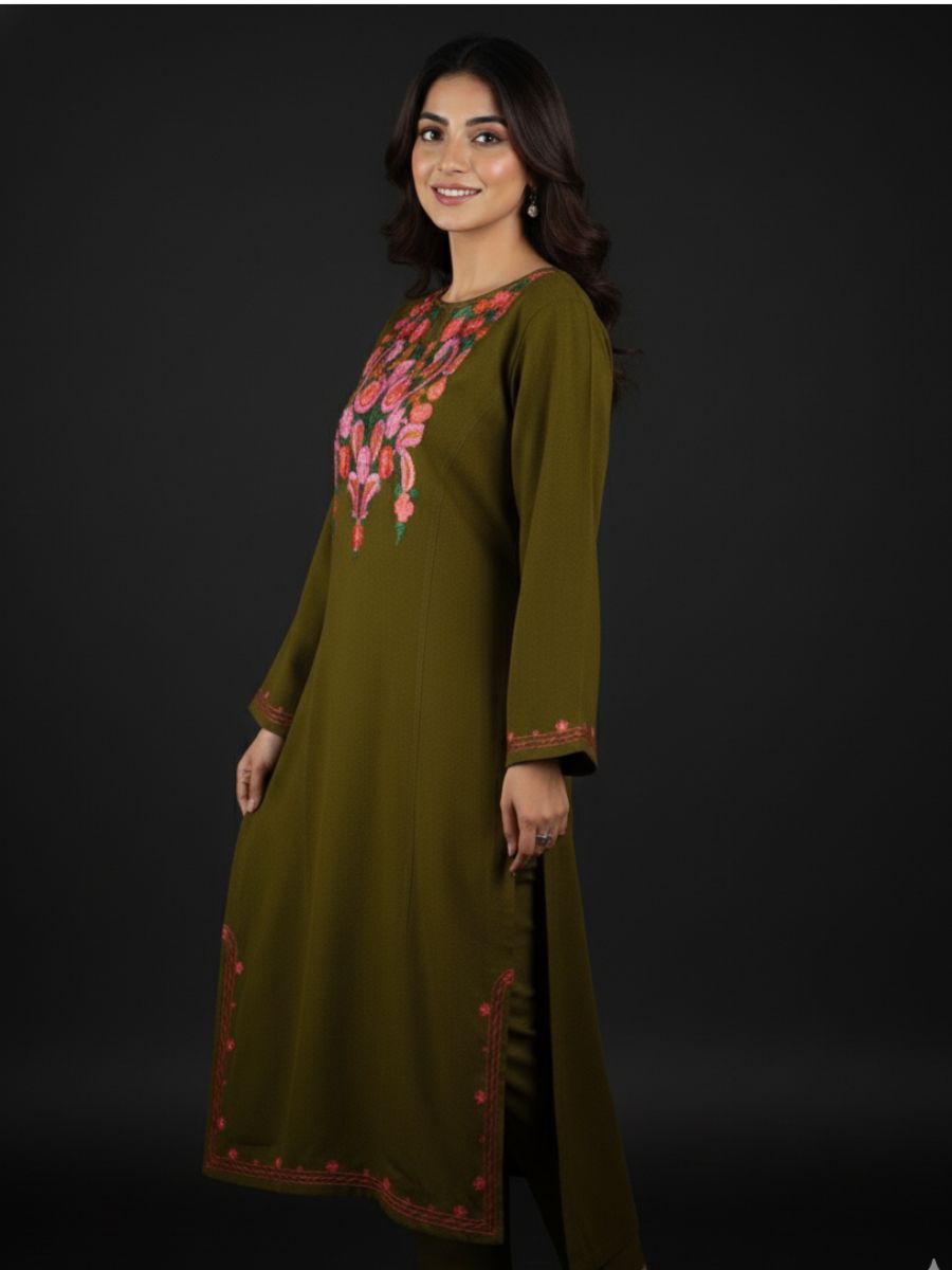 Kashmiri Aari Embroidered Phiran – Pink & Orange | Mehndi