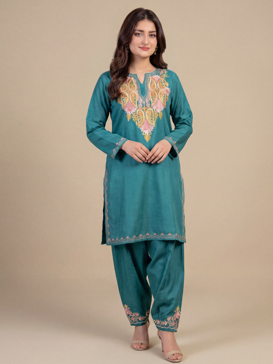 Kashmir Aari cotton Co-Ord Set | Dark Teal