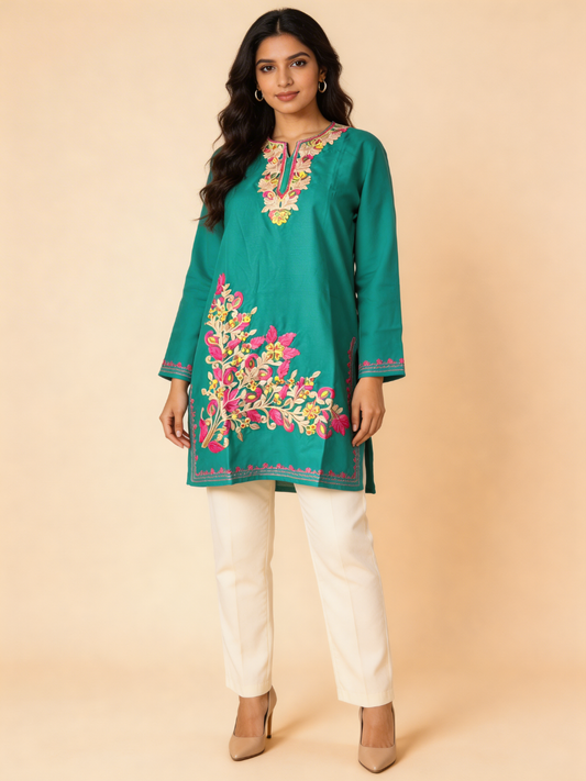 Noor : Aari embroidery summer kurti | Dark Teal