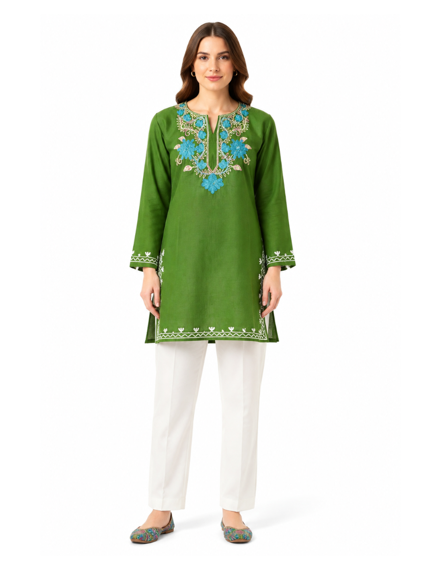 Noor : Aari embroidery summer kurti |  Dark Green