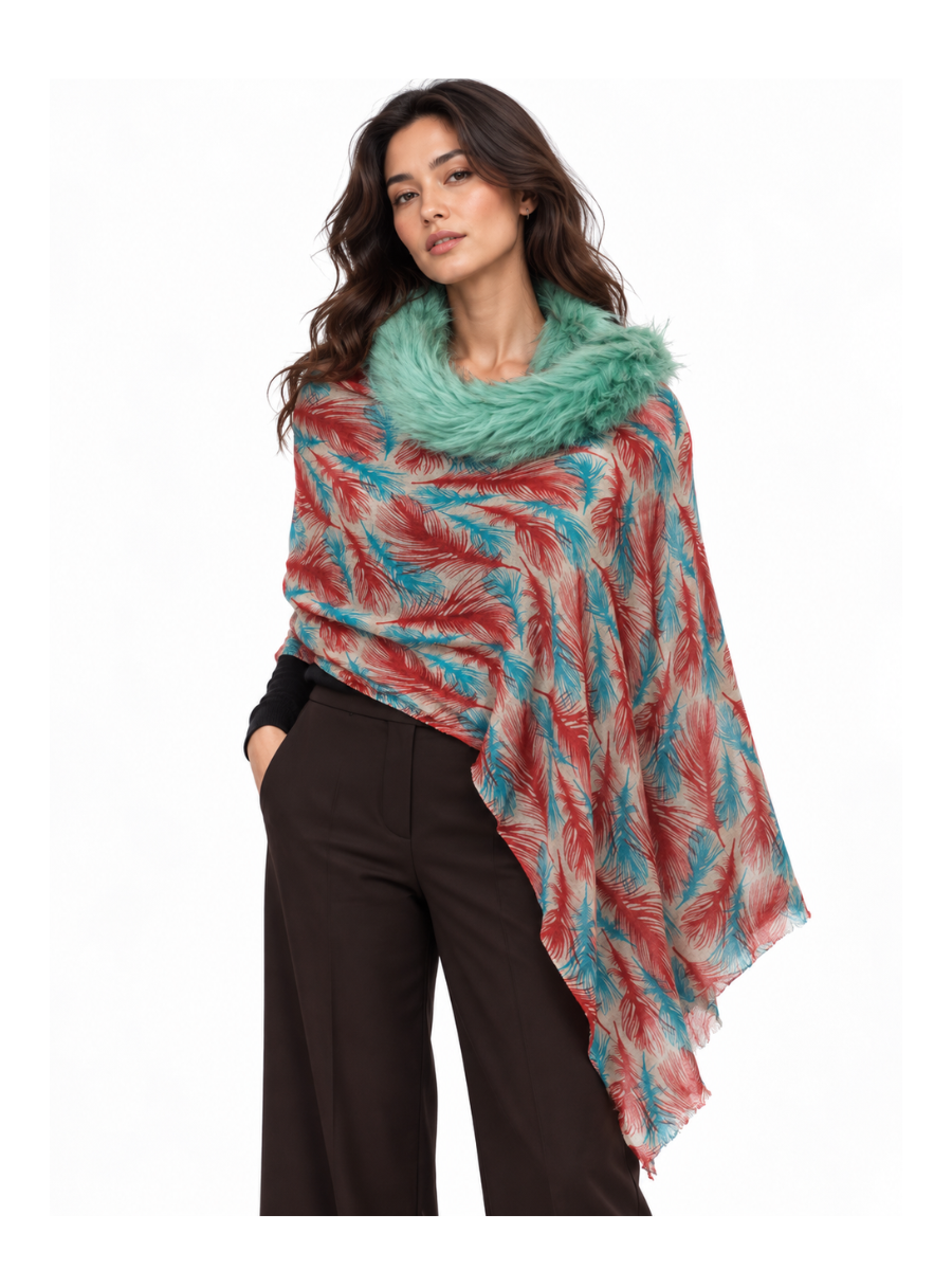 Coral & Aqua Feather Print Shawl with Faux-Fur Trim