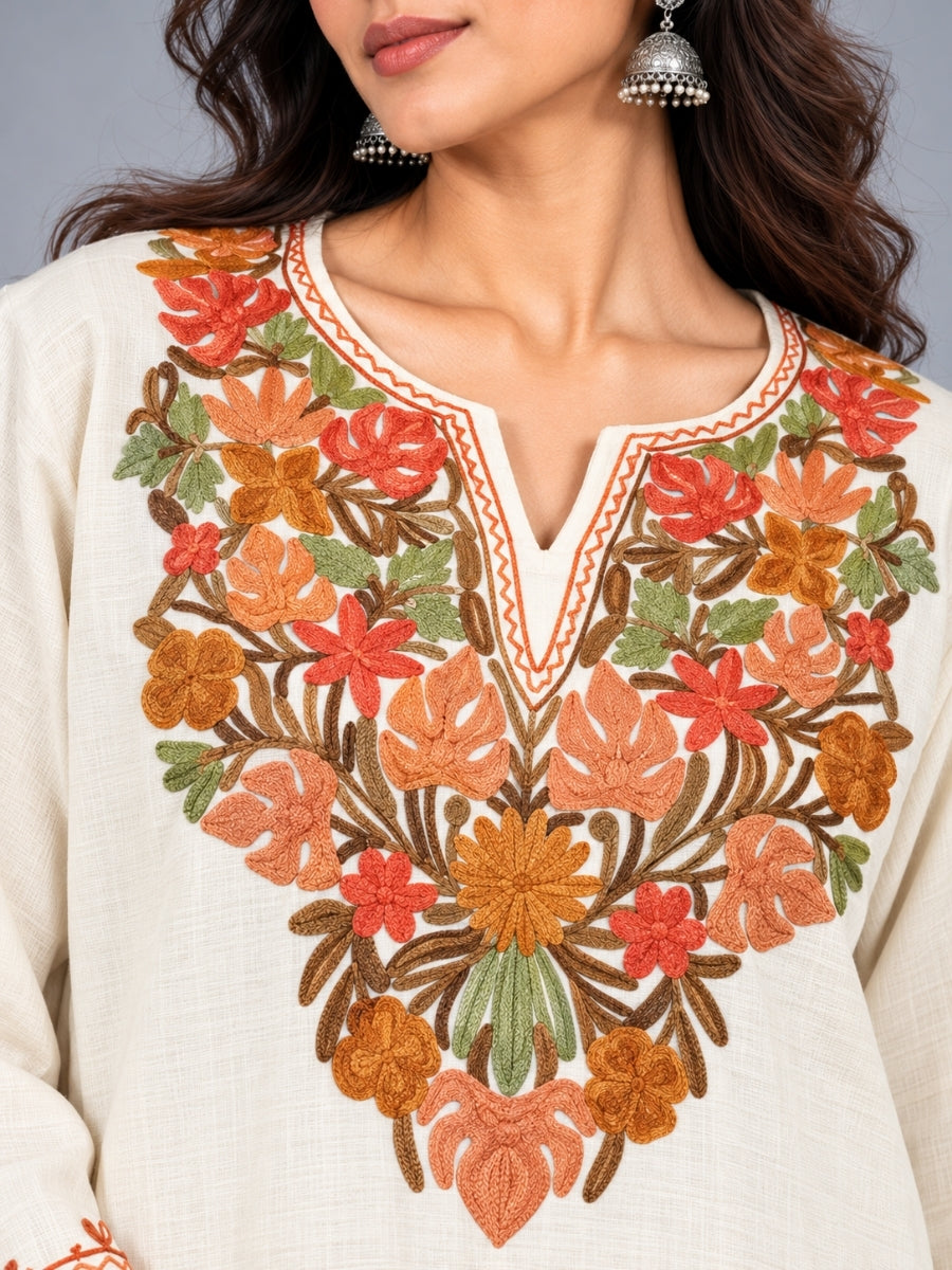 White Kashmiri Pheran with Mustard & Gold Floral Embroidery | Manual Aari Embroidered Wool Phiran