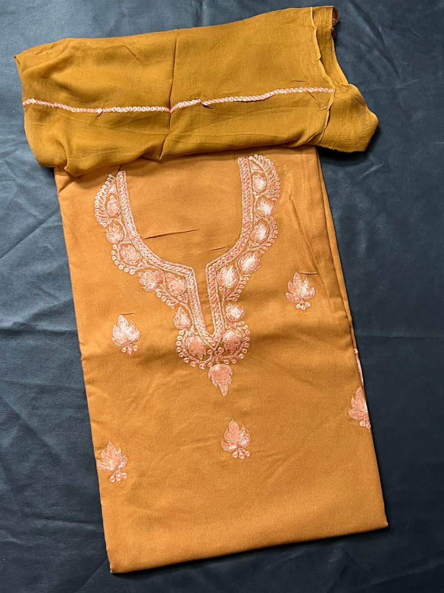 Kashmiri Botti Tilla 3 Piece Unstitched Suites | Brown