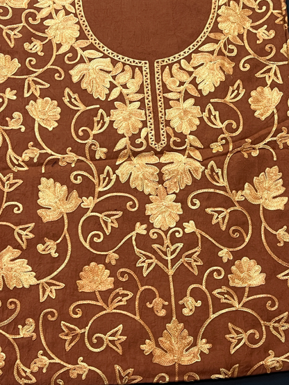 Kashmiri Botti Aari 2 Piece Unstitched Suit  |  Brown