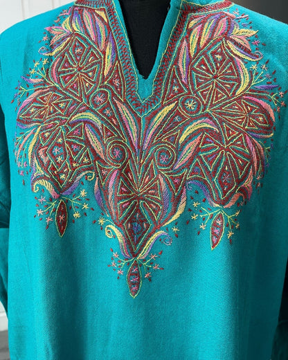 Meeras: Hand-Embroidered Raffel Phiran | Emerald Mist