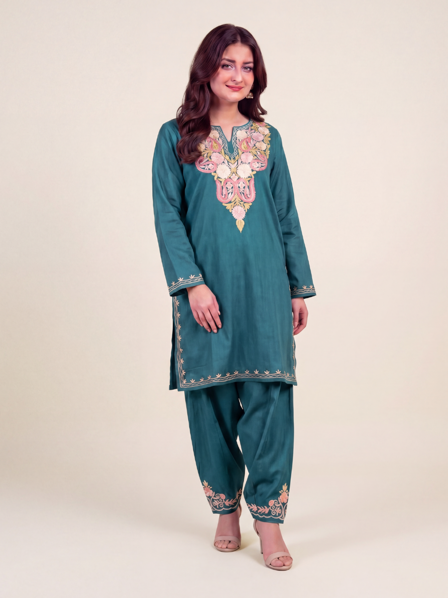 Kashmir Aari cotton Co-Ord Set | Teal Green