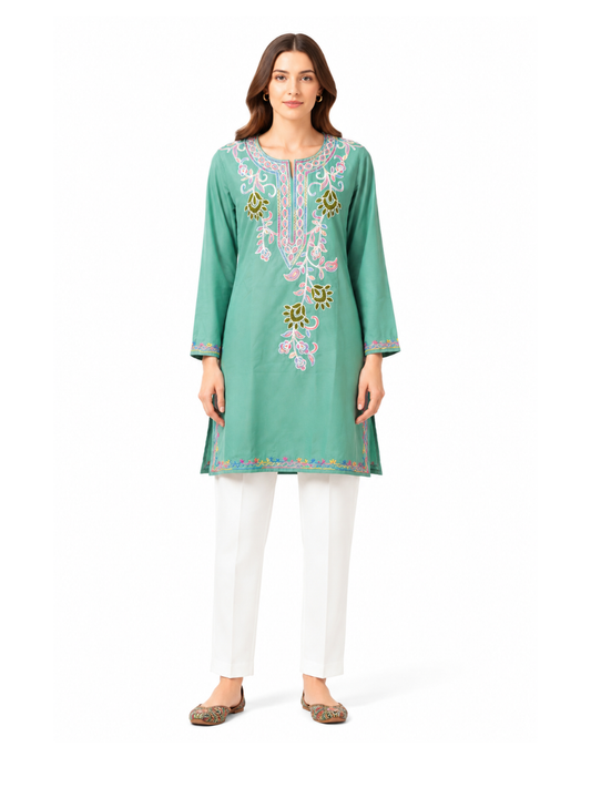 Noor : Aari embroidery summer kurti | Mint Teal